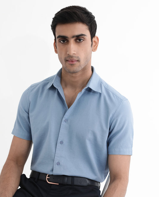 Rare Rabbit Men's Matto-1 Dusky Blue Cotton Striped Print Boxy Fit Half Sleeve Collared Shirt