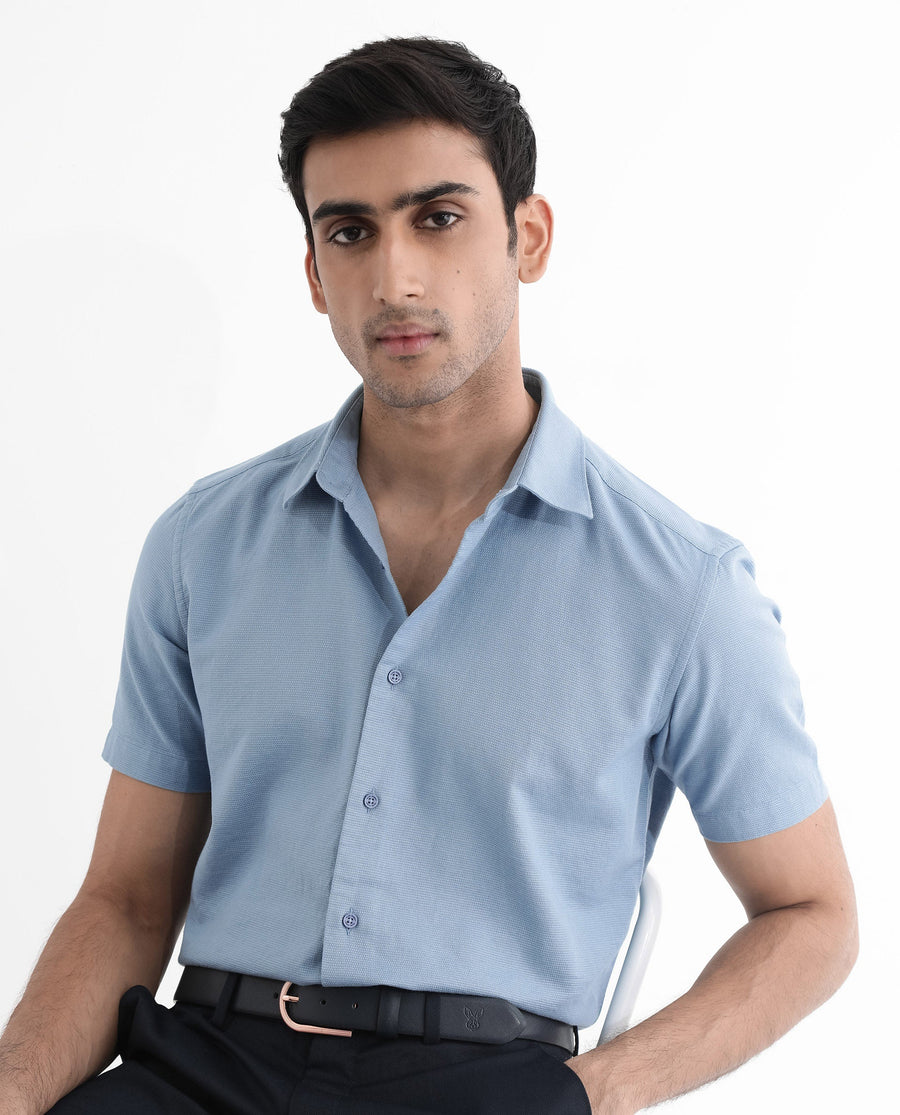 Rare Rabbit Men's Matto-1 Dusky Blue Cotton Striped Print Boxy Fit Half Sleeve Collared Shirt