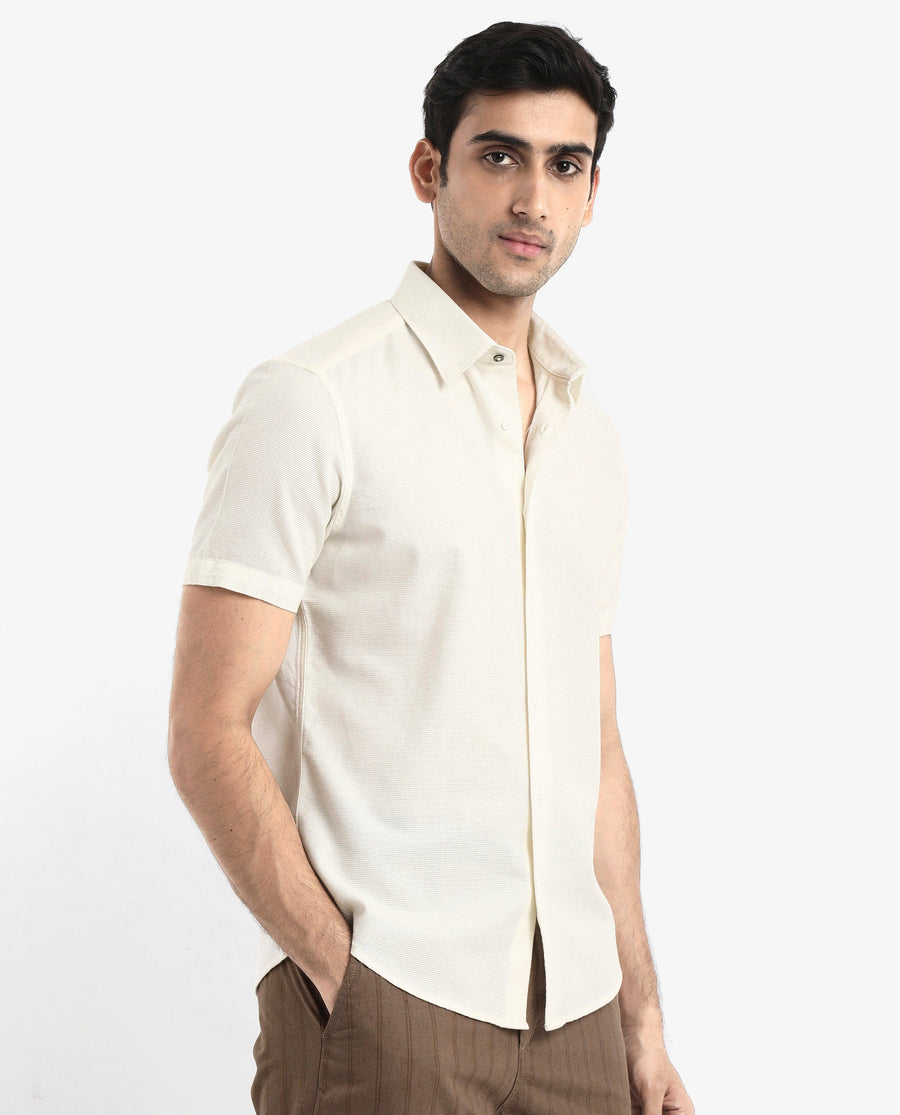 Rare Rabbit Men's Matto-1 White Cotton Striped Print Boxy Fit Half Sleeve Collared Shirt