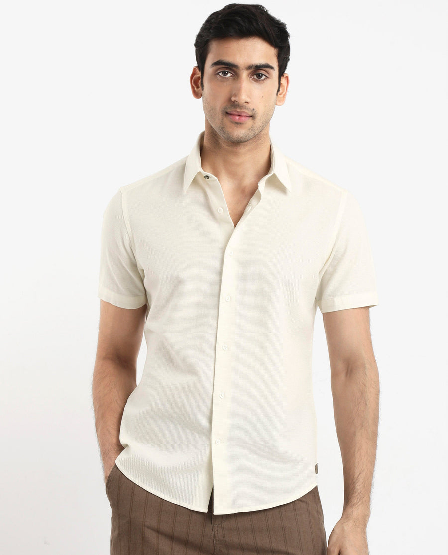 Rare Rabbit Men's Matto-1 White Cotton Striped Print Boxy Fit Half Sleeve Collared Shirt