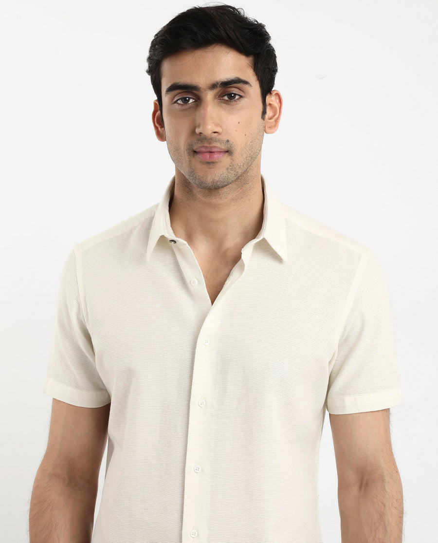 Rare Rabbit Men's Matto-1 White Cotton Striped Print Boxy Fit Half Sleeve Collared Shirt