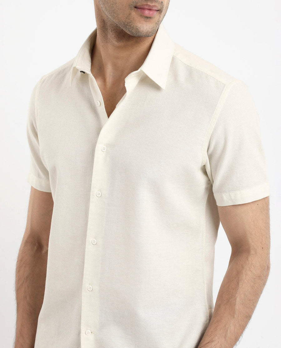Rare Rabbit Men's Matto-1 White Cotton Striped Print Boxy Fit Half Sleeve Collared Shirt