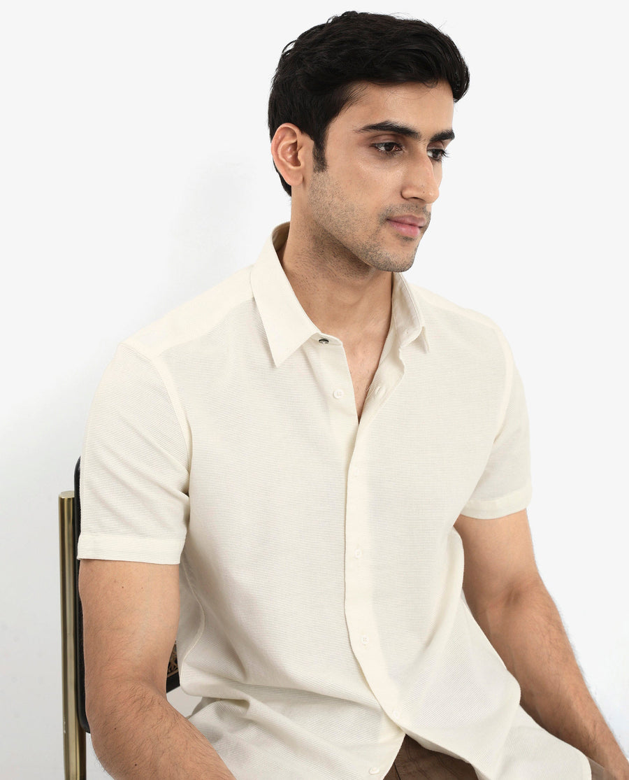 Rare Rabbit Men's Matto-1 White Cotton Striped Print Boxy Fit Half Sleeve Collared Shirt