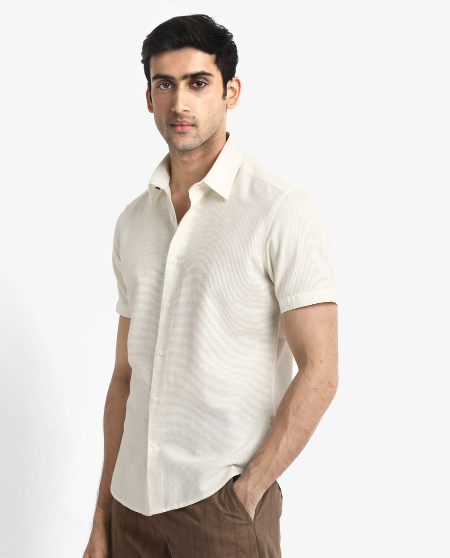 Rare Rabbit Men's Matto-1 White Cotton Striped Print Boxy Fit Half Sleeve Collared Shirt