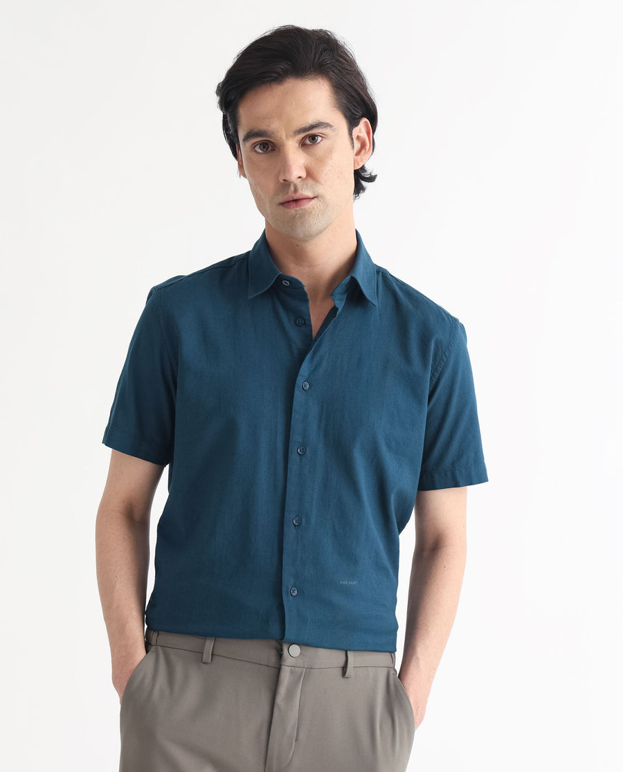 Rare Rabbit Men's Matto Petrol Cotton Striped Print Regular Fit Half Sleeve Collared Shirt