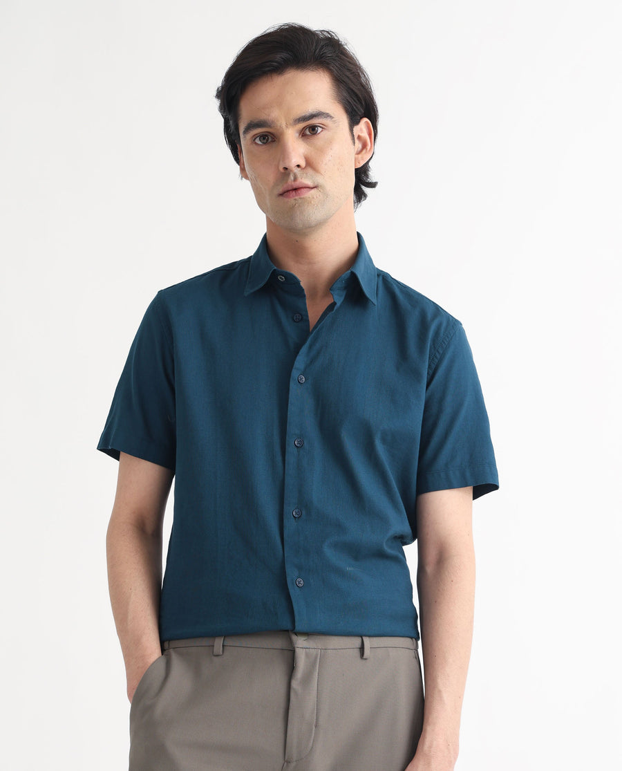 Rare Rabbit Men's Matto Petrol Cotton Striped Print Regular Fit Half Sleeve Collared Shirt
