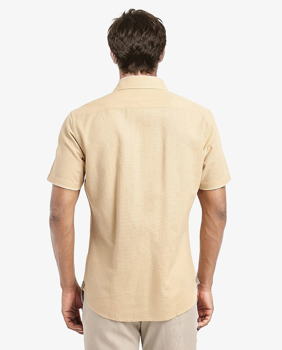 Rare Rabbit Men's Matto Light Yellow Cotton Striped Print Regular Fit Half Sleeve Collared Shirt