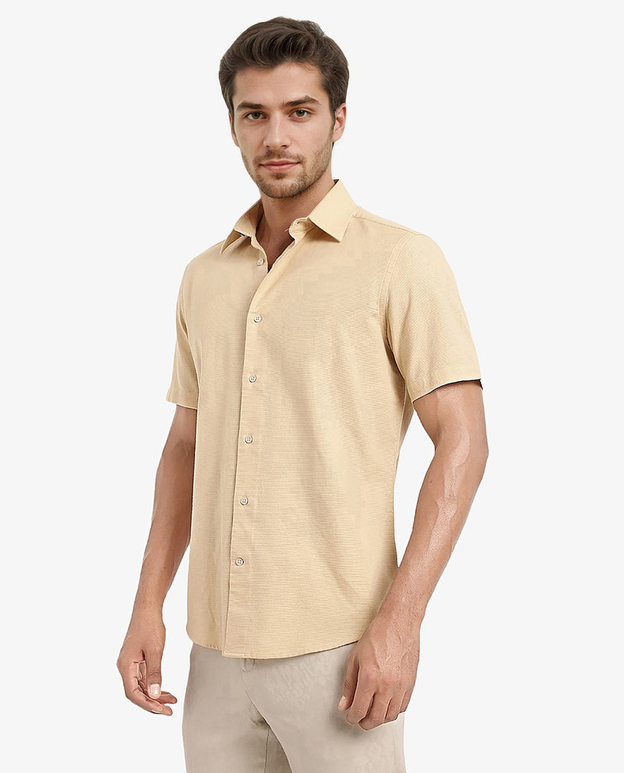 Rare Rabbit Men's Matto Light Yellow Cotton Striped Print Regular Fit Half Sleeve Collared Shirt