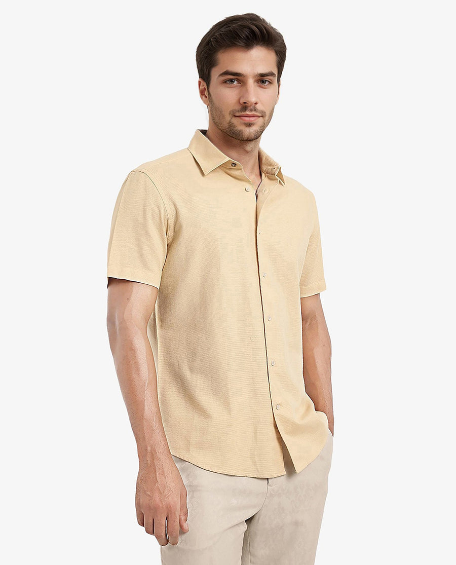Rare Rabbit Men's Matto Light Yellow Cotton Striped Print Regular Fit Half Sleeve Collared Shirt