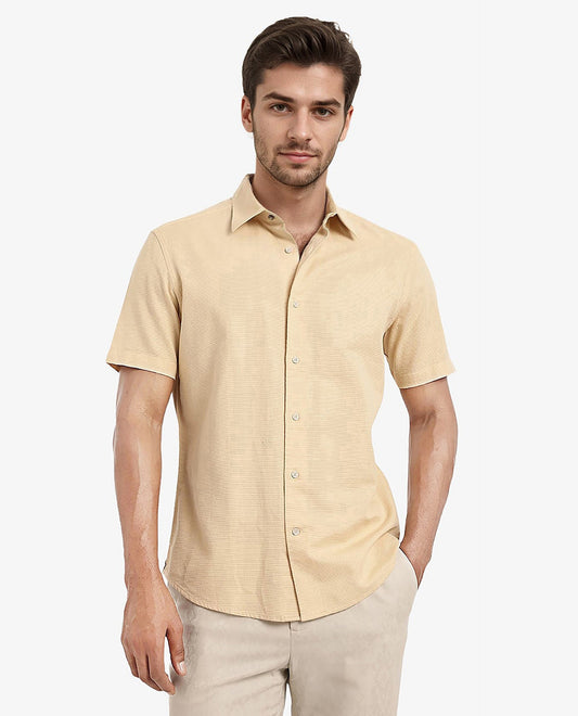 Rare Rabbit Men's Matto Light Yellow Cotton Striped Print Regular Fit Half Sleeve Collared Shirt