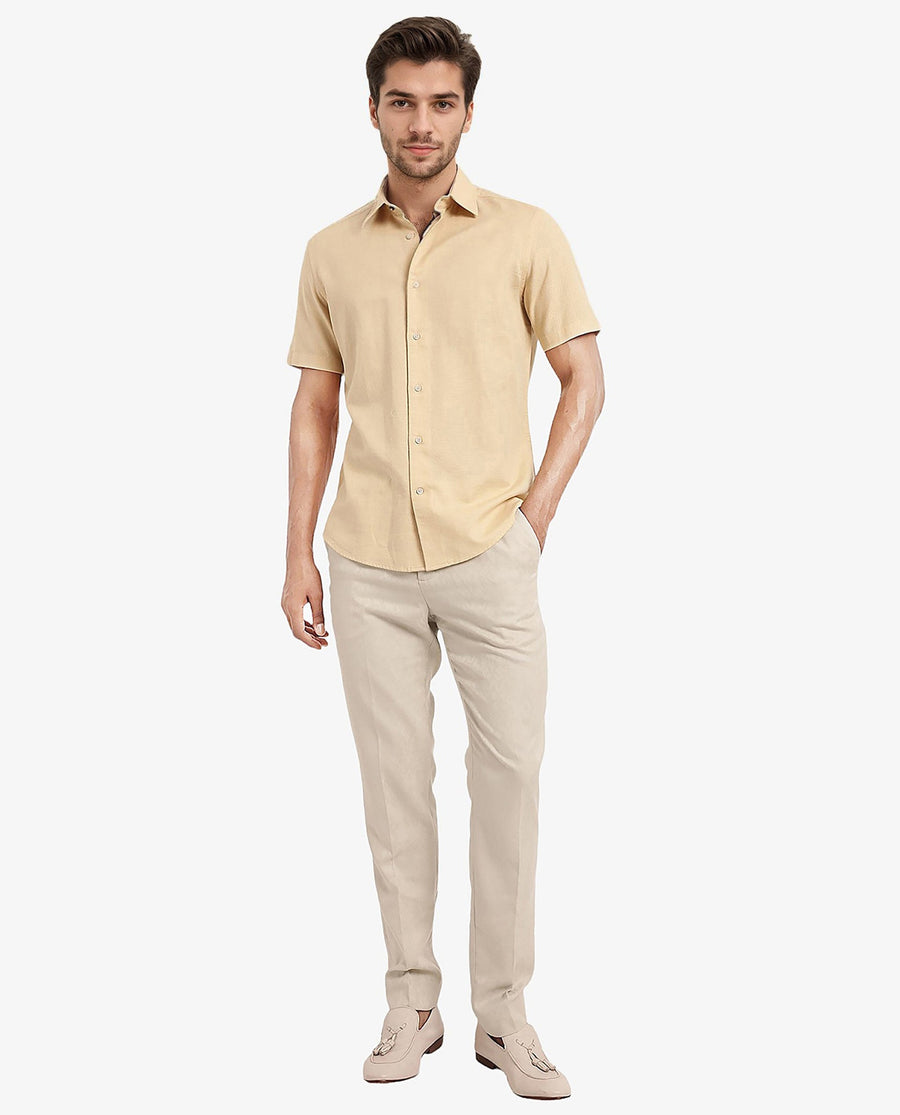 Rare Rabbit Men's Matto Light Yellow Cotton Striped Print Regular Fit Half Sleeve Collared Shirt