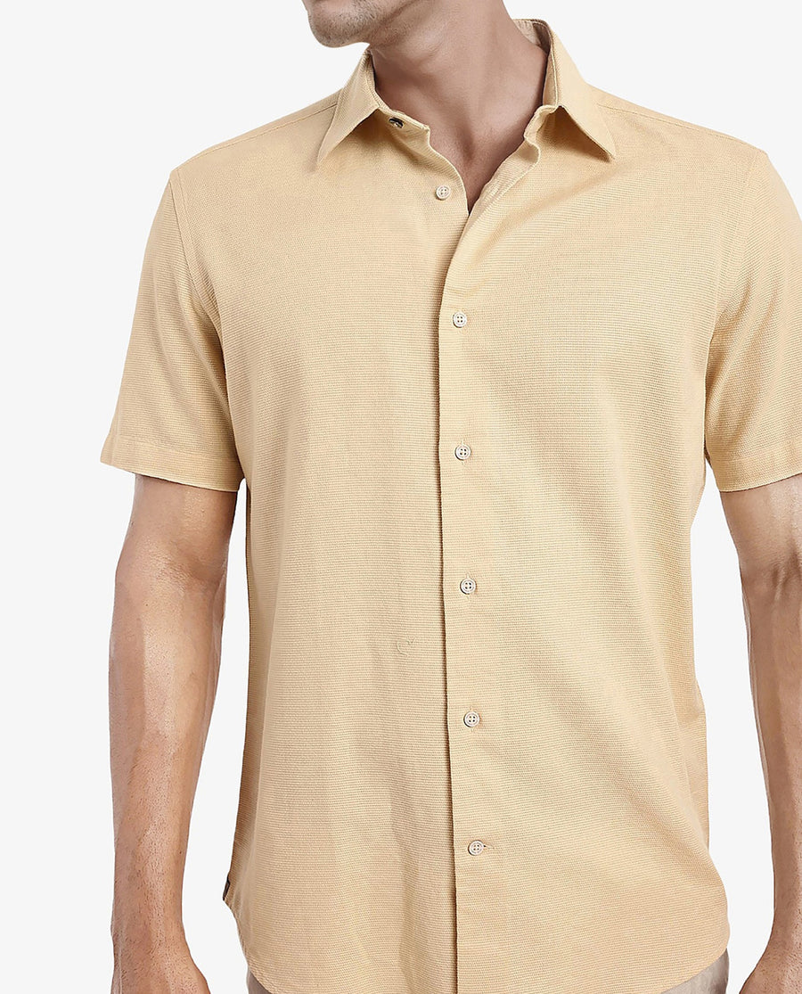 Rare Rabbit Men's Matto Light Yellow Cotton Striped Print Regular Fit Half Sleeve Collared Shirt