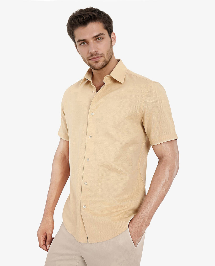 Rare Rabbit Men's Matto Light Yellow Cotton Striped Print Regular Fit Half Sleeve Collared Shirt