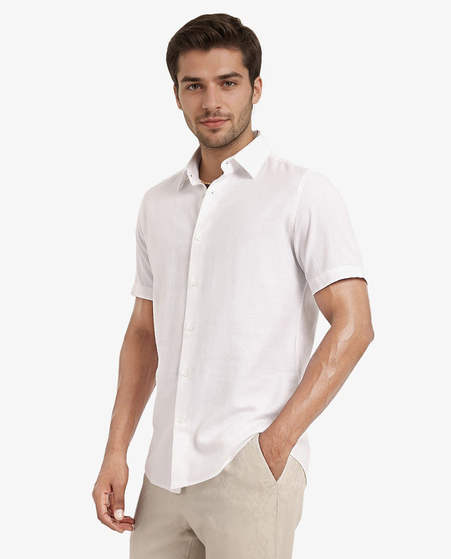 Rare Rabbit Men's Matto White Cotton Striped Print Regular Fit Half Sleeve Collared Shirt