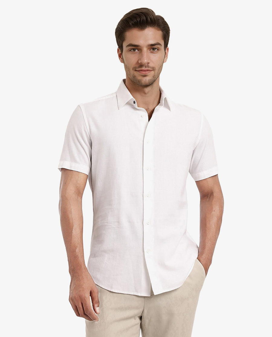 Rare Rabbit Men's Matto White Cotton Striped Print Regular Fit Half Sleeve Collared Shirt