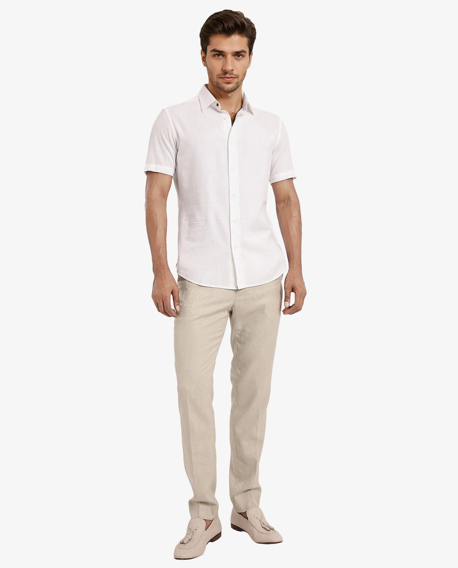 Rare Rabbit Men's Matto White Cotton Striped Print Regular Fit Half Sleeve Collared Shirt