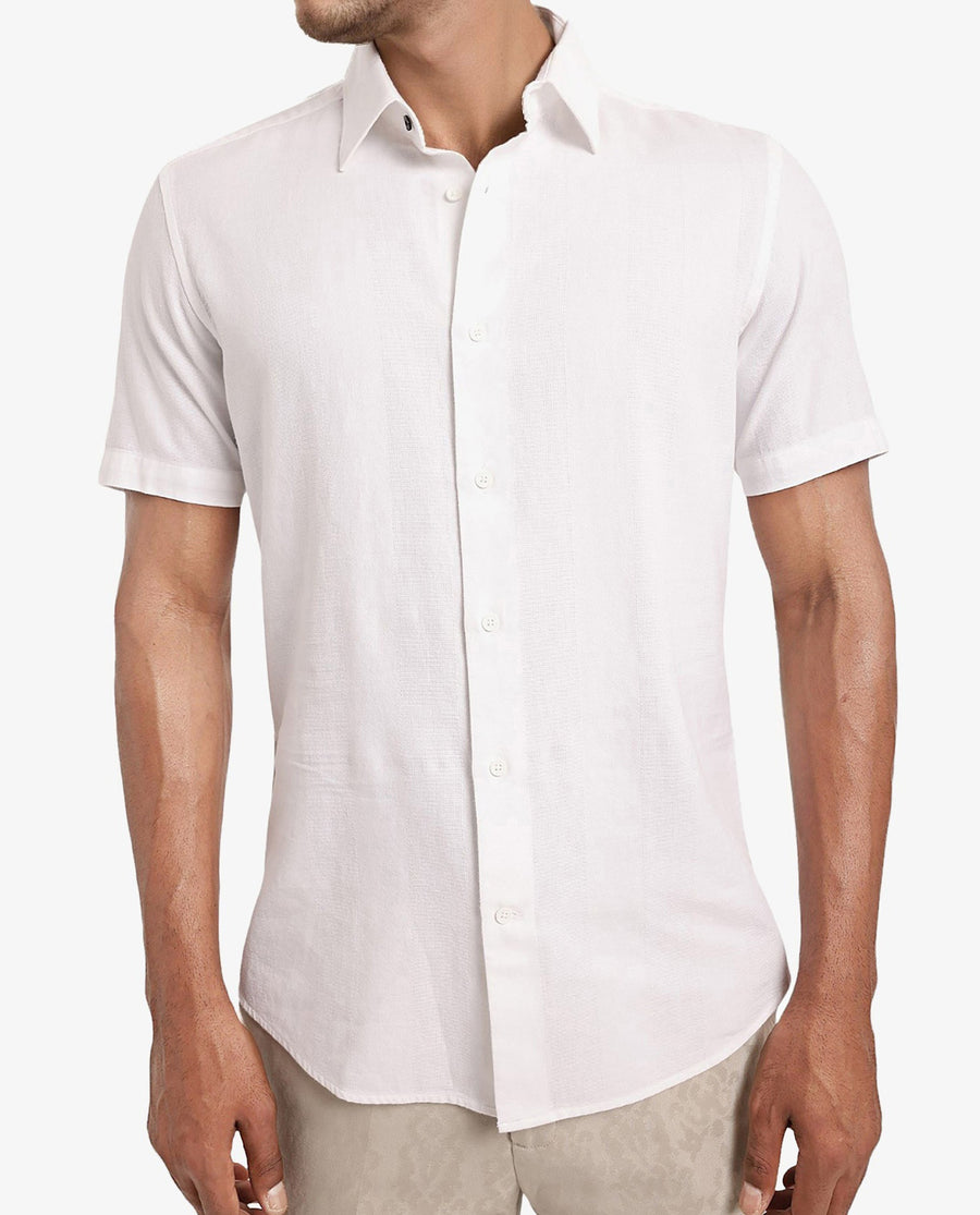 Rare Rabbit Men's Matto White Cotton Striped Print Regular Fit Half Sleeve Collared Shirt