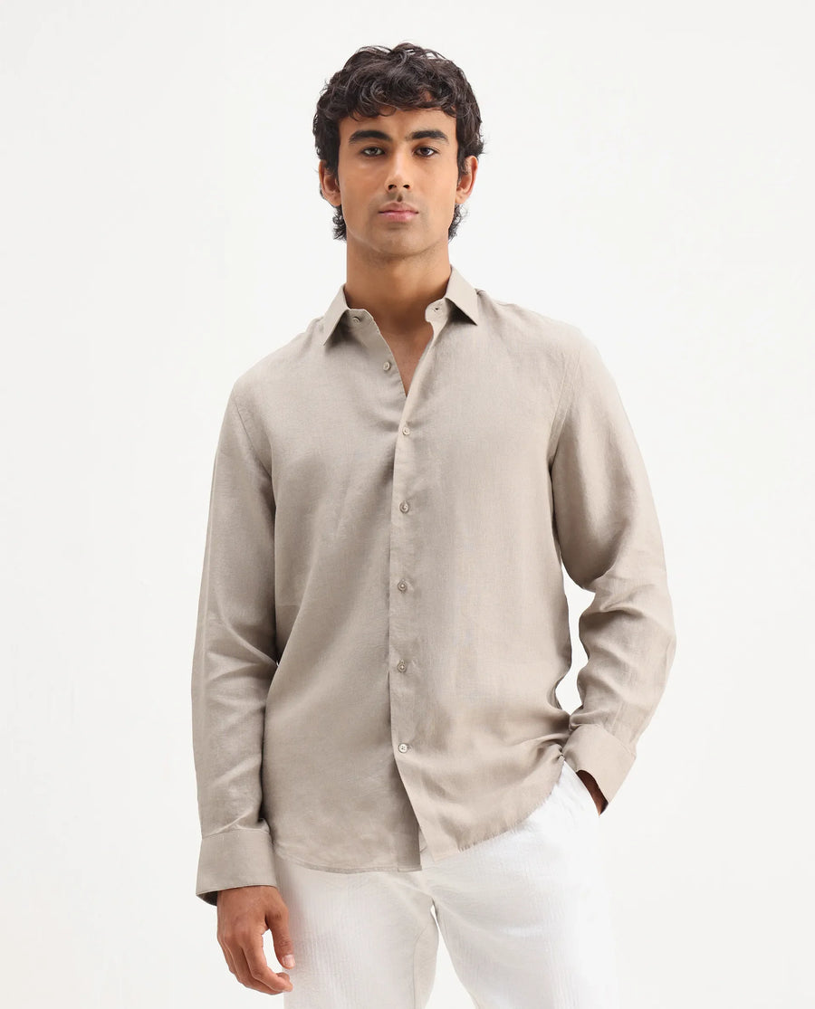 Rare Rabbit Men's Mavi Beige Linen Plain Regular Fit Full Sleeve Collared Shirt