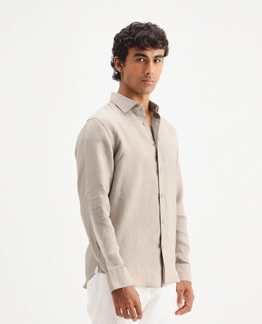 Rare Rabbit Men's Mavi Beige Linen Plain Regular Fit Full Sleeve Collared Shirt