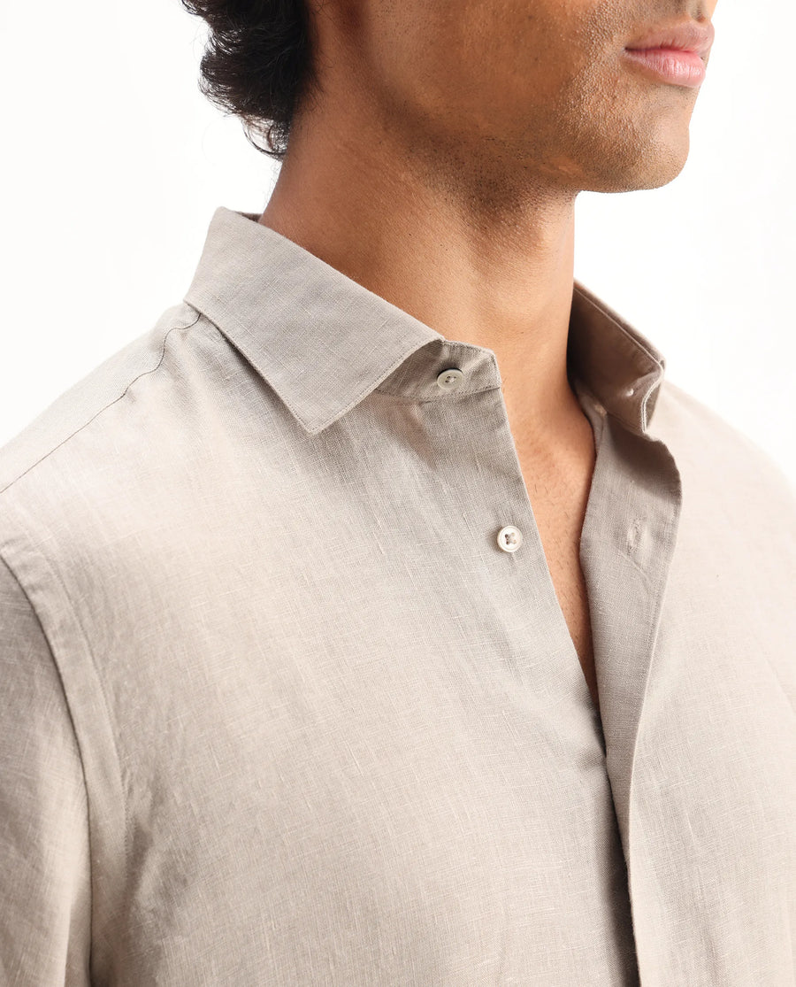 Rare Rabbit Men's Mavi Beige Linen Plain Regular Fit Full Sleeve Collared Shirt