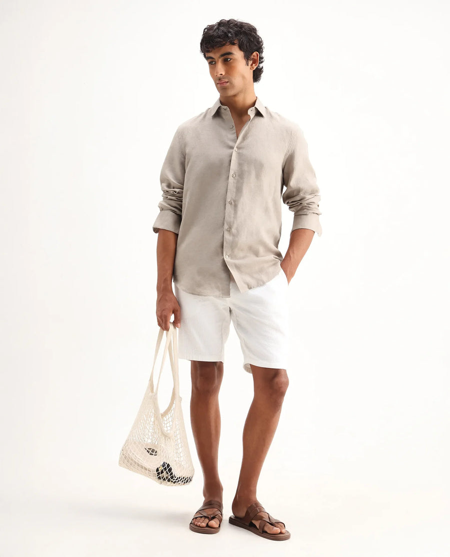 Rare Rabbit Men's Mavi Beige Linen Plain Regular Fit Full Sleeve Collared Shirt