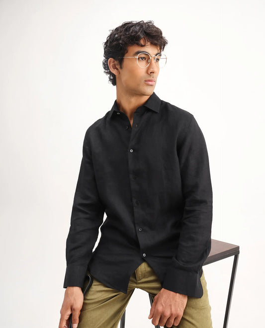 Rare Rabbit Men's Mavi Black Linen Plain Regular Fit Full Sleeve Collared Shirt