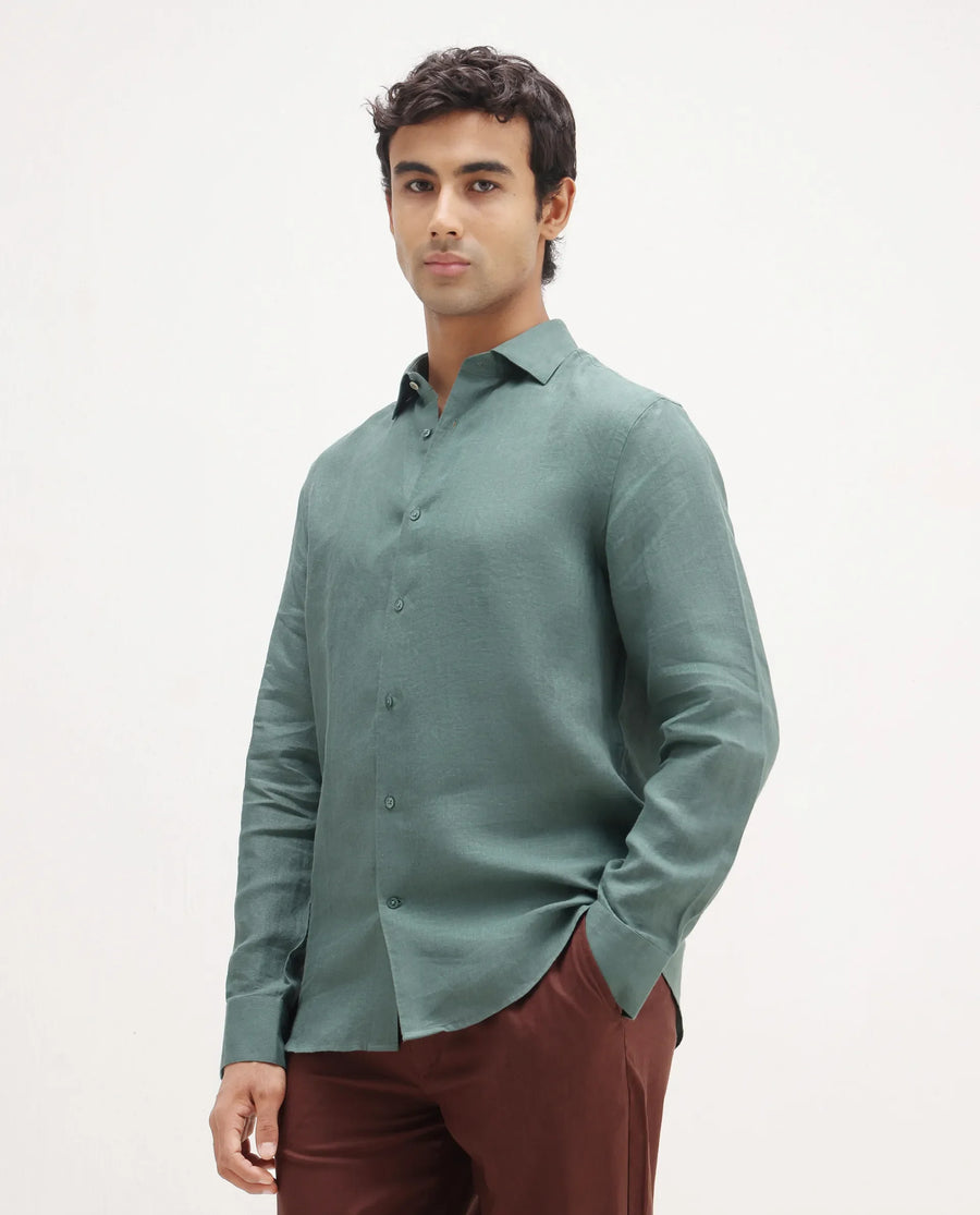 Rare Rabbit Men's Mavi Dusky Green Linen Plain Regular Fit Full Sleeve Collared Shirt