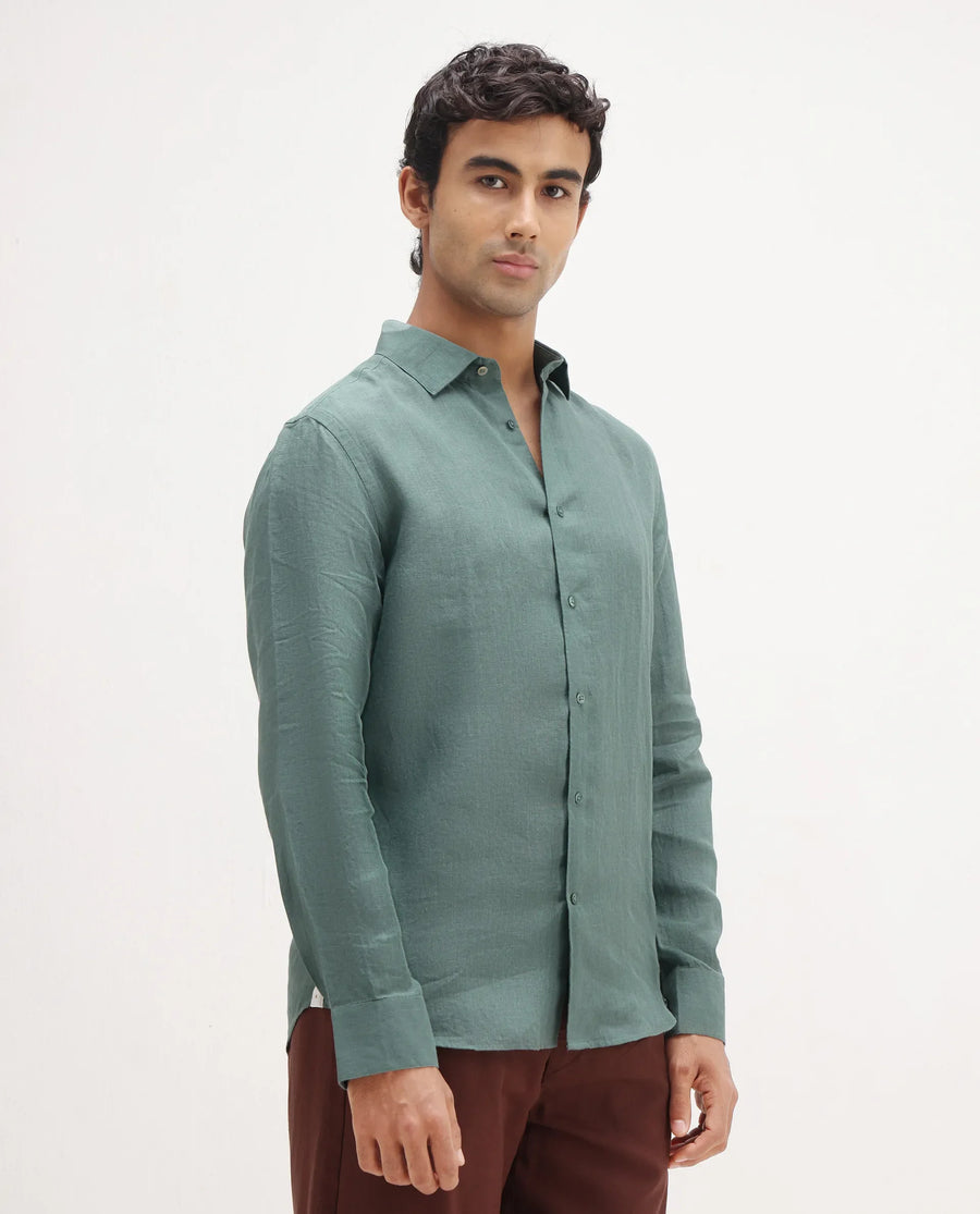 Rare Rabbit Men's Mavi Dusky Green Linen Plain Regular Fit Full Sleeve Collared Shirt