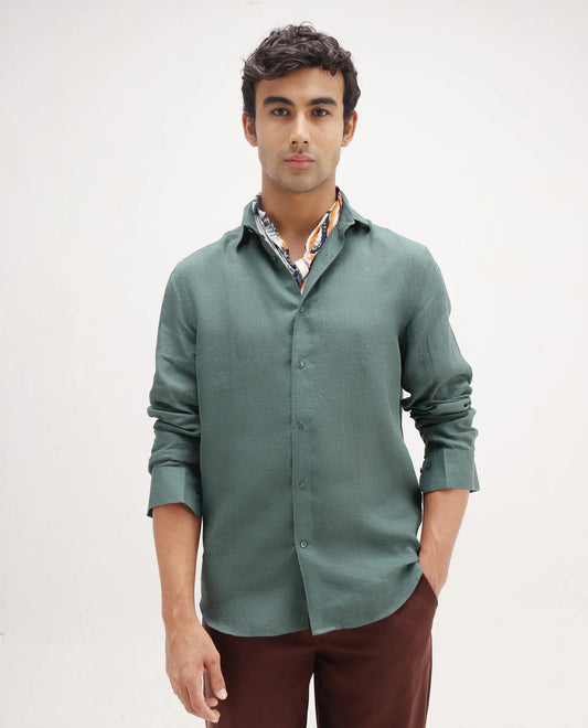 Rare Rabbit Men's Mavi Dusky Green Linen Plain Regular Fit Full Sleeve Collared Shirt