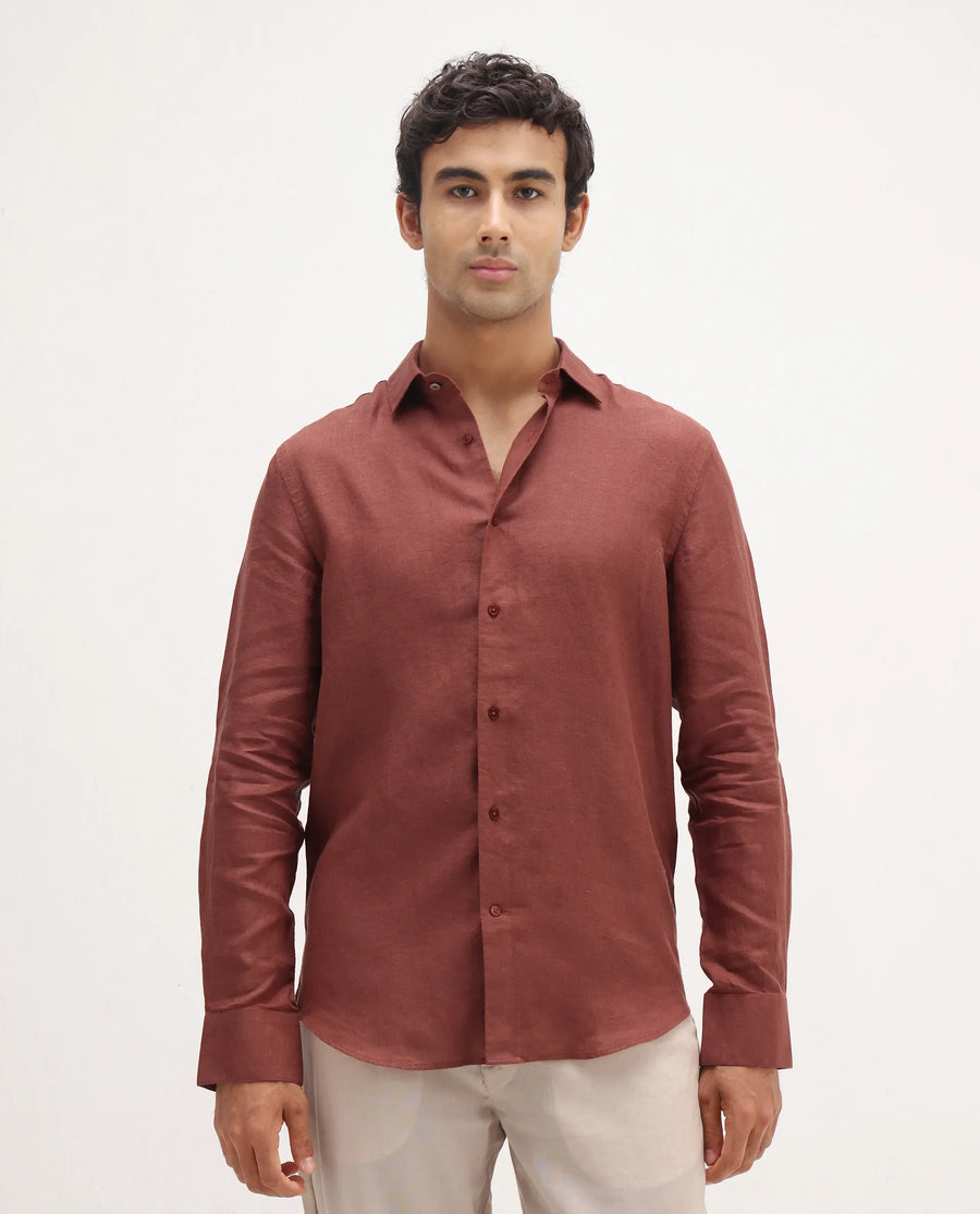 Rare Rabbit Men's Mavi Rust Linen Plain Regular Fit Full Sleeve Collared Shirt