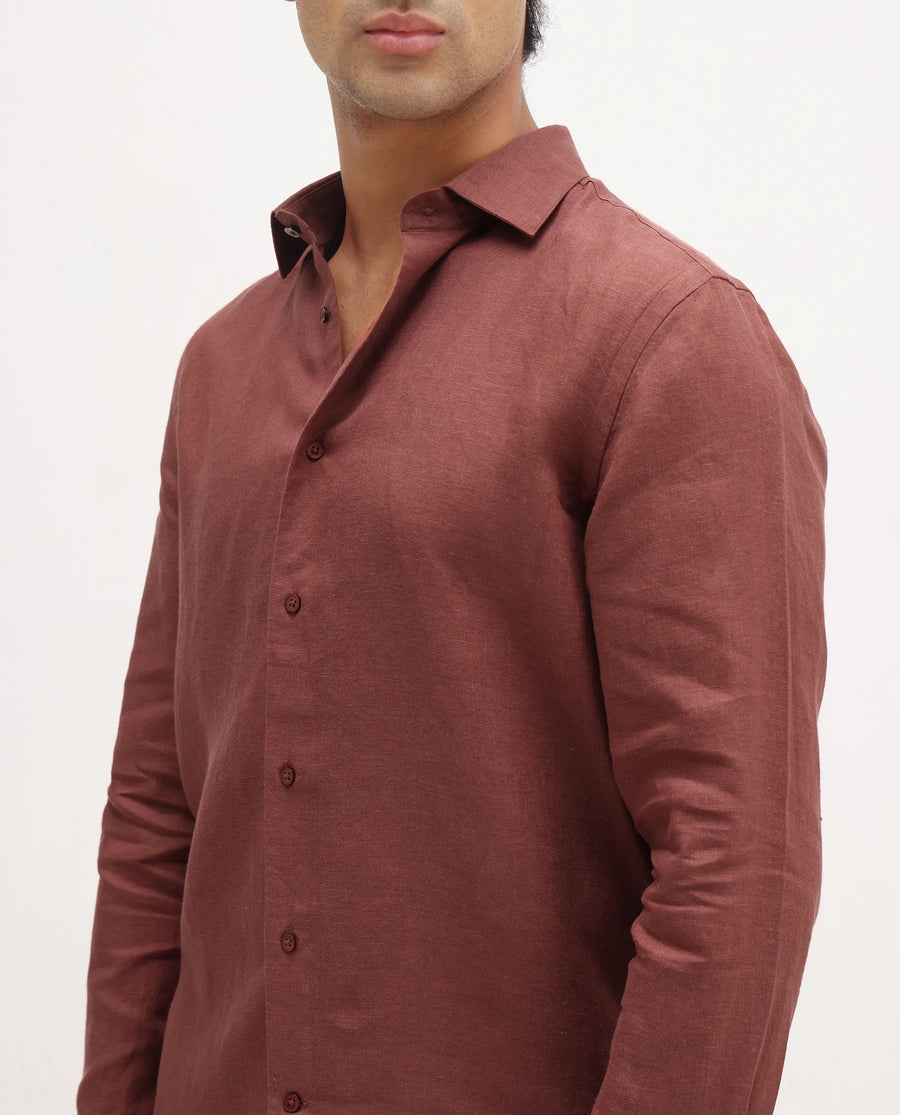 Rare Rabbit Men's Mavi Rust Linen Plain Regular Fit Full Sleeve Collared Shirt