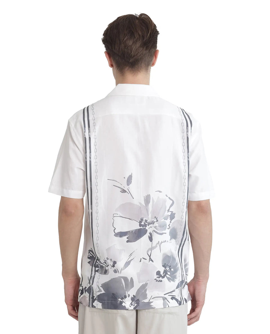 Rare Rabbit Men's Mavo White Cotton Blend Floral Print Boxy Fit Half Sleeve Cuban Collar Shirt