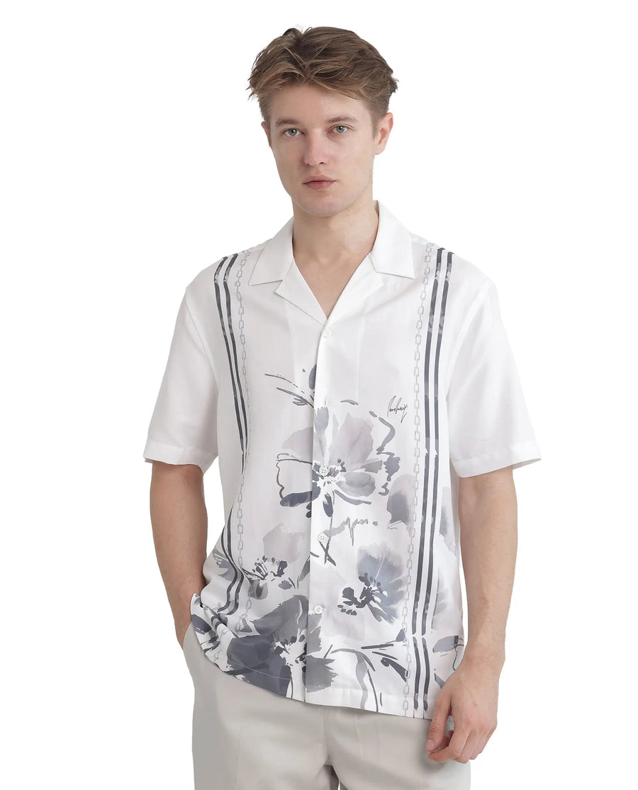 Rare Rabbit Men's Mavo White Cotton Blend Floral Print Boxy Fit Half Sleeve Cuban Collar Shirt