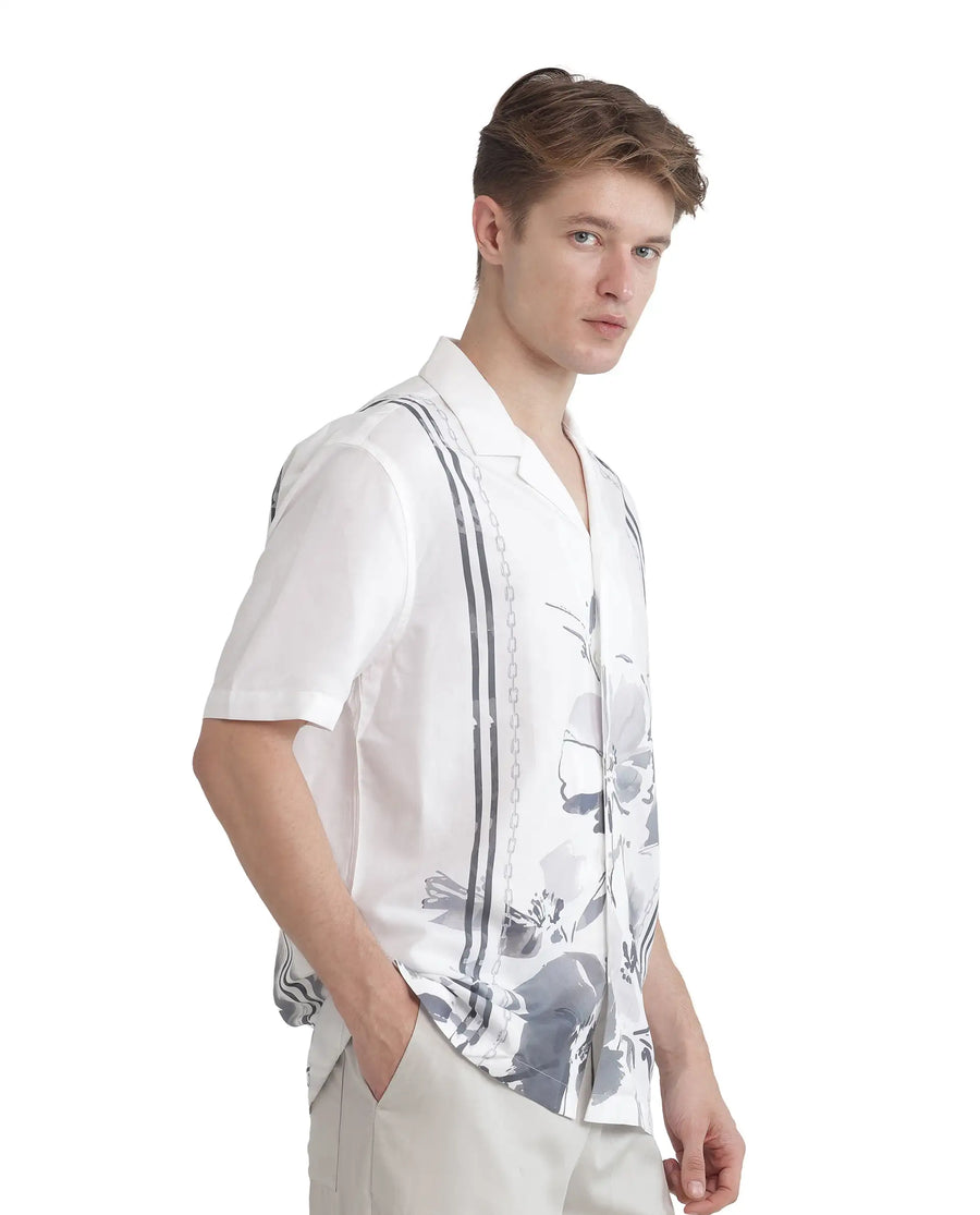 Rare Rabbit Men's Mavo White Cotton Blend Floral Print Boxy Fit Half Sleeve Cuban Collar Shirt