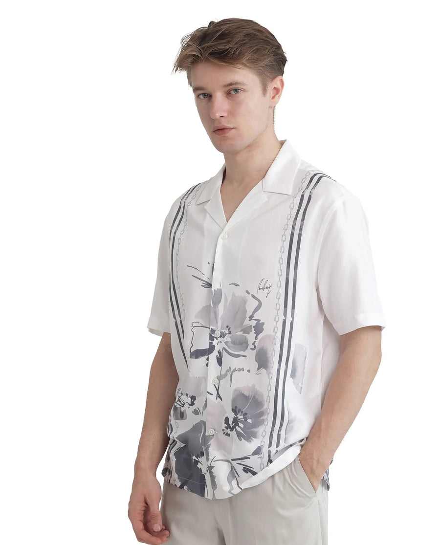 Rare Rabbit Men's Mavo White Cotton Blend Floral Print Boxy Fit Half Sleeve Cuban Collar Shirt
