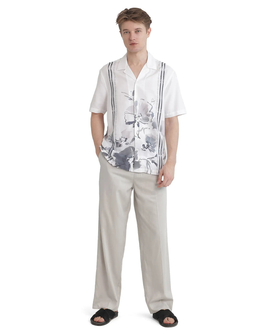 Rare Rabbit Men's Mavo White Cotton Blend Floral Print Boxy Fit Half Sleeve Cuban Collar Shirt
