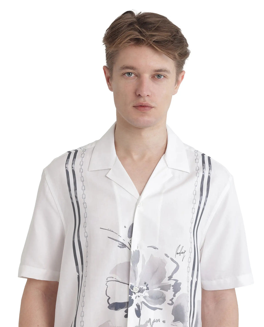 Rare Rabbit Men's Mavo White Cotton Blend Floral Print Boxy Fit Half Sleeve Cuban Collar Shirt