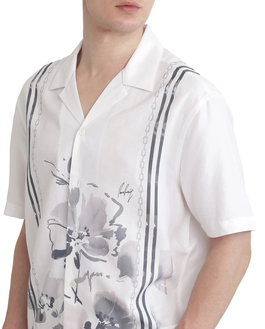 Rare Rabbit Men's Mavo White Cotton Blend Floral Print Boxy Fit Half Sleeve Cuban Collar Shirt