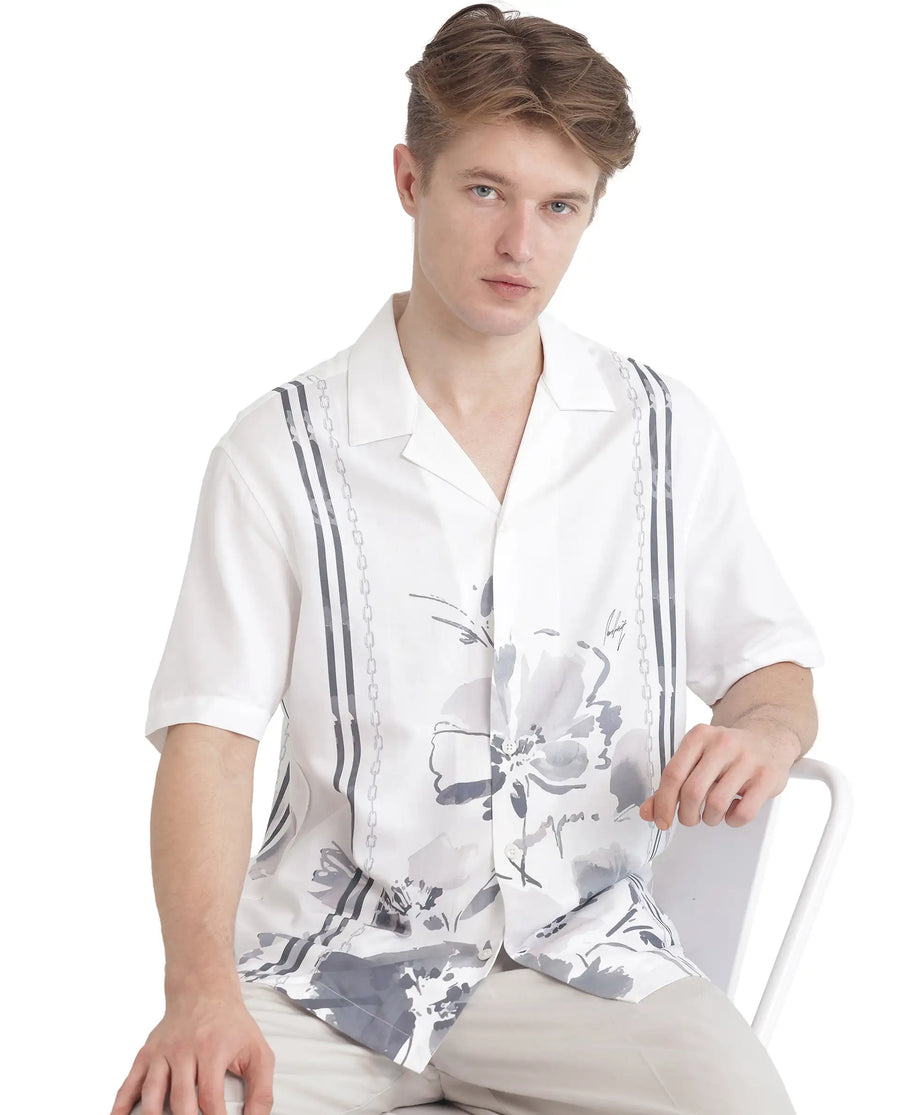 Rare Rabbit Men's Mavo White Cotton Blend Floral Print Boxy Fit Half Sleeve Cuban Collar Shirt