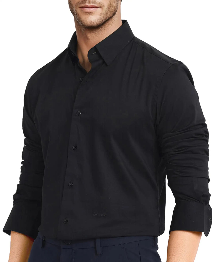 Rare Rabbit Men's Mawz Black Cotton Plain Regular Fit Full Sleeve Collared Shirt