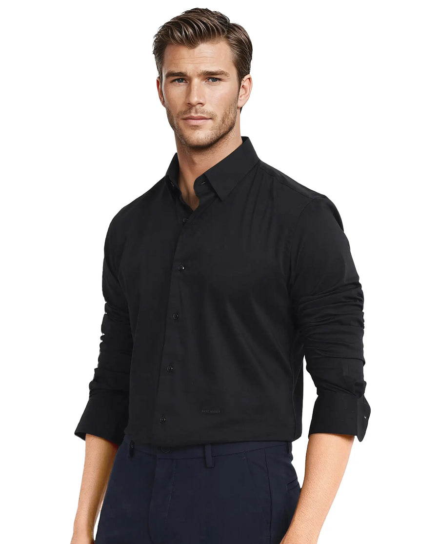 Rare Rabbit Men's Mawz Black Cotton Plain Regular Fit Full Sleeve Collared Shirt