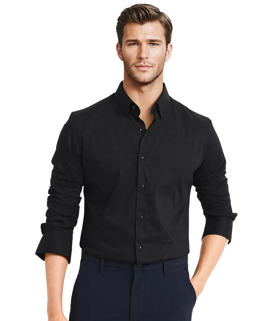 Rare Rabbit Men's Mawz Black Cotton Plain Regular Fit Full Sleeve Collared Shirt