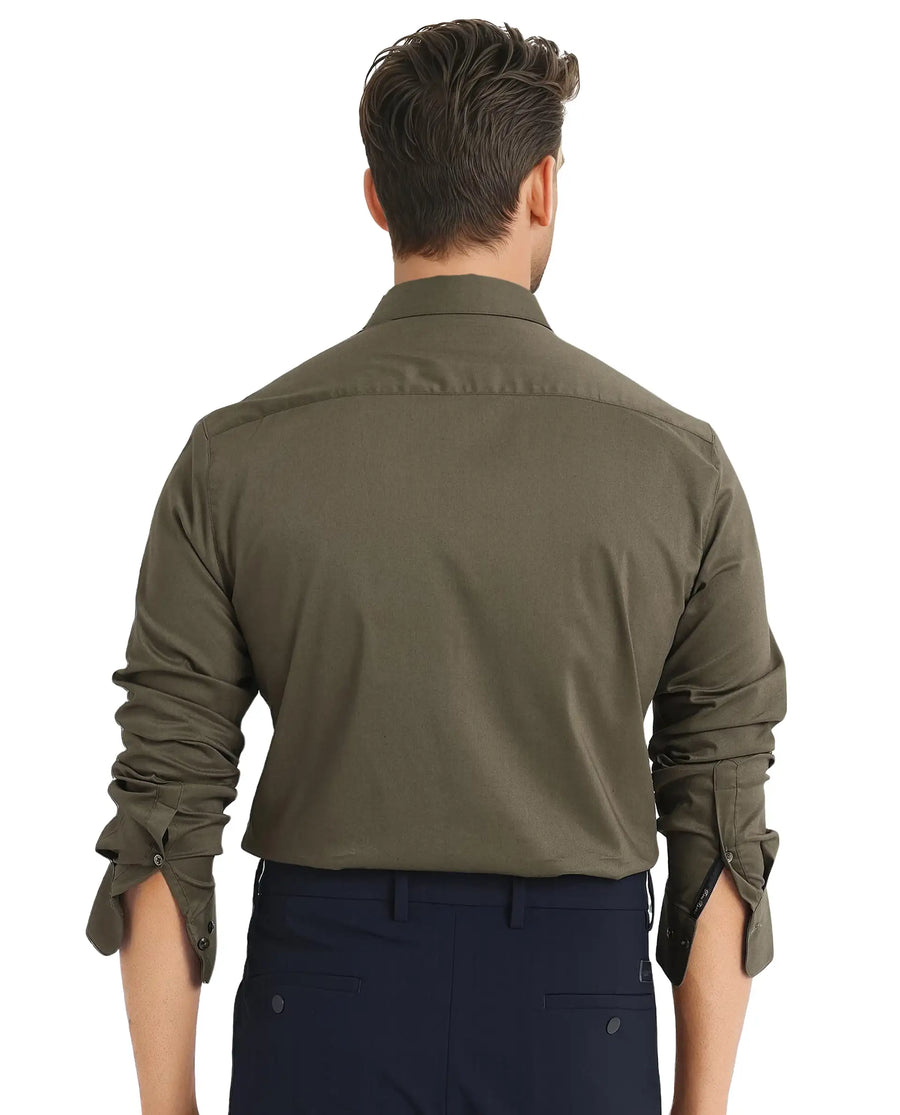 Rare Rabbit Men's Mawz Olive Cotton Plain Regular Fit Full Sleeve Collared Shirt