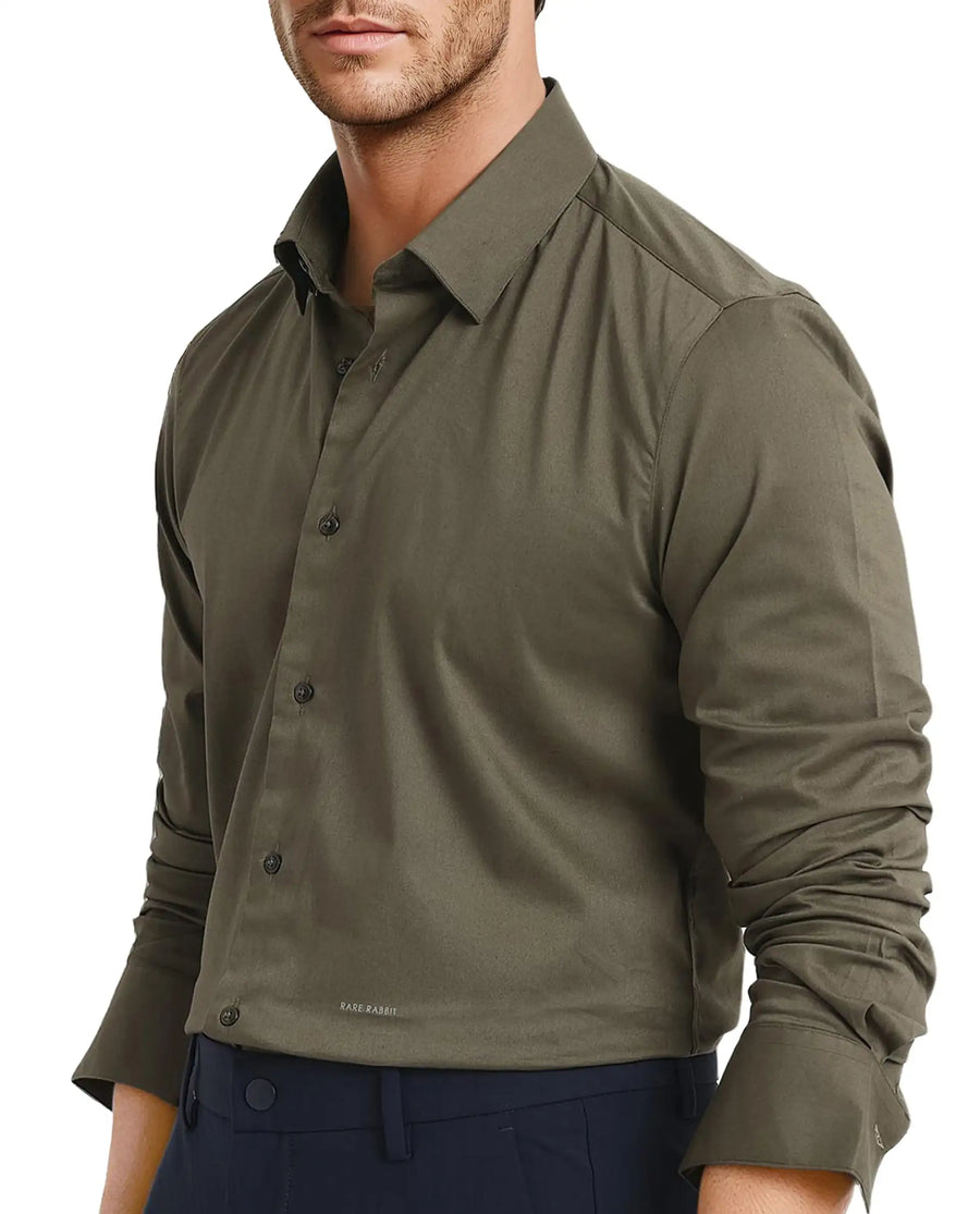 Rare Rabbit Men's Mawz Olive Cotton Plain Regular Fit Full Sleeve Collared Shirt
