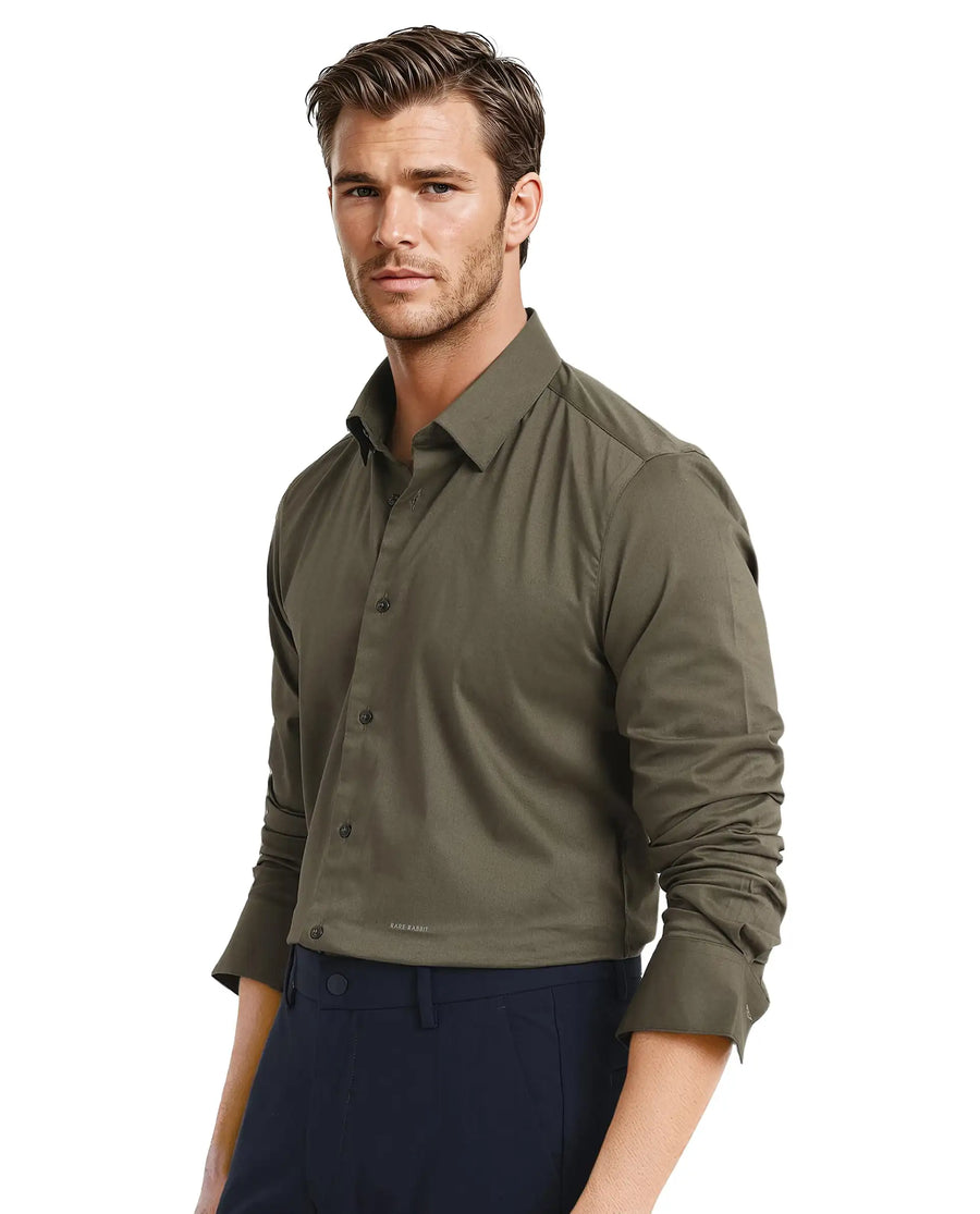 Rare Rabbit Men's Mawz Olive Cotton Plain Regular Fit Full Sleeve Collared Shirt