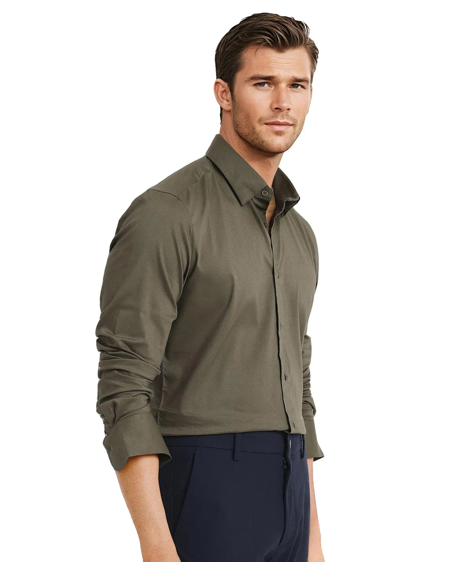 Rare Rabbit Men's Mawz Olive Cotton Plain Regular Fit Full Sleeve Collared Shirt