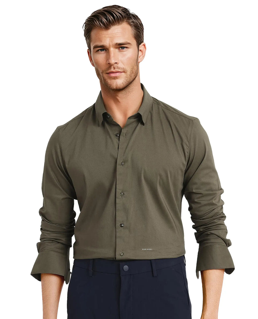 Rare Rabbit Men's Mawz Olive Cotton Plain Regular Fit Full Sleeve Collared Shirt