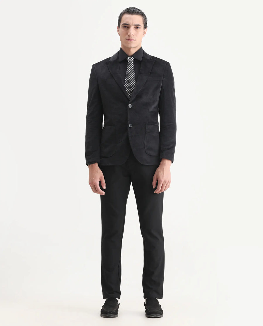 Rare Rabbit Men's Mazey Black Velvet Plain Tailored Fit Full Sleeve Lapel Neck Blazer