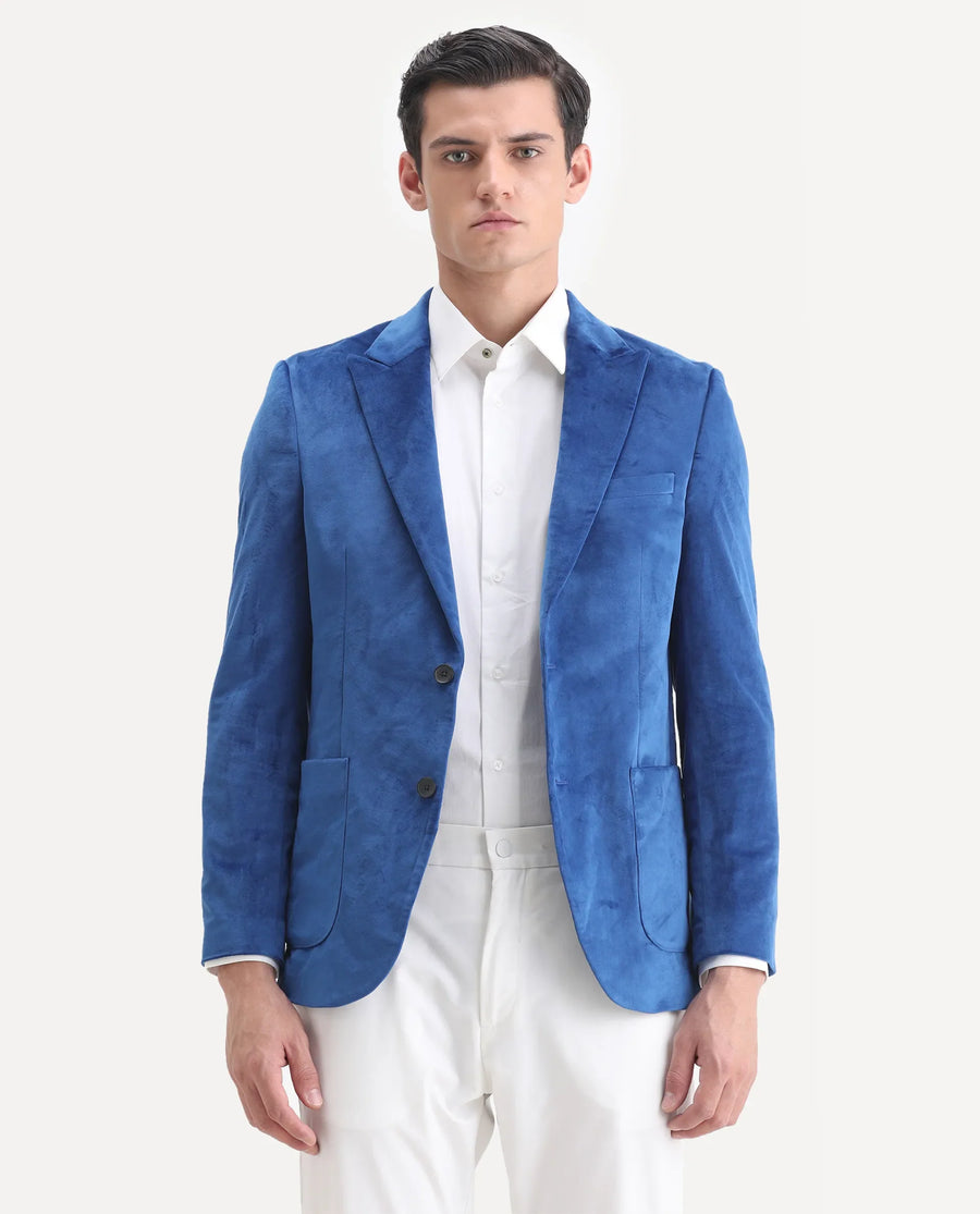Rare Rabbit Men's Mazey Blue Velvet Plain Tailored Fit Full Sleeve Lapel Neck Blazer