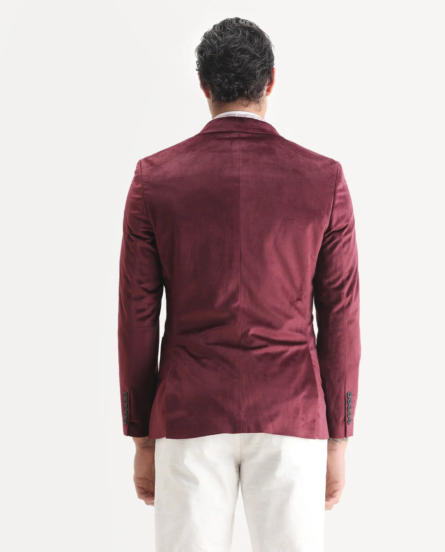 Rare Rabbit Men's Mazey Maroon Velvet Plain Tailored Fit Full Sleeve Lapel Neck Blazer